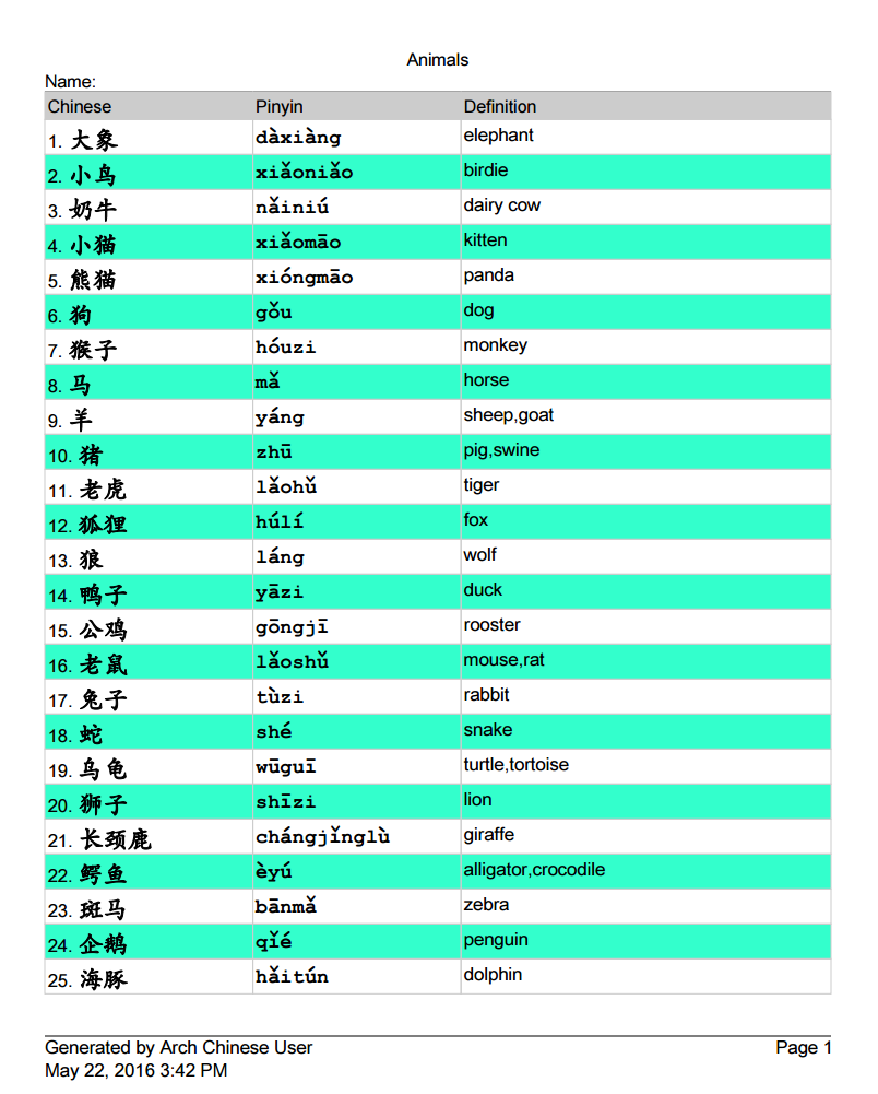 Chinese Vocab List Review Sheet Maker